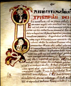 Episcopal Museum Prints: Letter I illuminated with figurations of the bust of Jesus Christ and an evangelist
