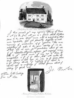 Sir Isaac Collection: A letter from Isaac Newton, and a view of his birthplace at Woolsthorpe, Lincolnshire, 1682