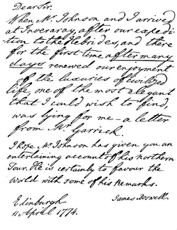 Part of a letter from James Boswell to David Garrick, Edinburgh, 11 April 1774, (1840). Artist: James Boswell