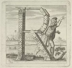 The letter R, constructed from a court pack of playing cards, stands on a riva (ri..., 18th century. Creator: Anon)