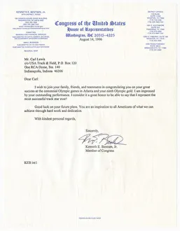 Congratulation Prints: Letter from US Representative Kenneth E. Bentsen, Jr. to Carl Lewis, August 14, 1996