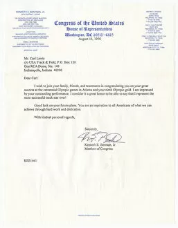Signature Collection: Letter from US Representative Kenneth E. Bentsen, Jr. to Carl Lewis, August 14, 1996