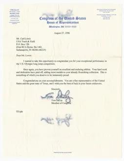 Signature Collection: Letter from US Representative Tom DeLay to Carl Lewis, August 27, 1996. Creator: Unknown
