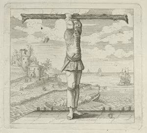 The letter T standing on a pier holding a tree trunk, 18th century., 18th century. Creator: Anon