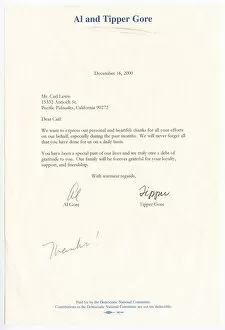 Signature Collection: Letter from Vice President Al Gore and his wife Tipper Gore to Carl Lewis, December 16