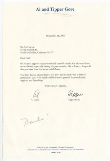 Grateful Prints: Letter from Vice President Al Gore and his wife Tipper Gore to Carl Lewis, December 16