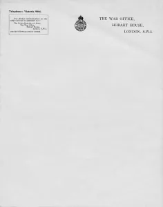 Letterheaded paper from The War Office, Hobart House, London, S. W. 1, 20th century