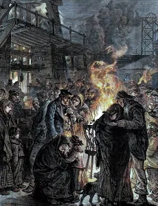 Incident Prints: The Leycett Colliery Disaster: friends of the miners waiting at the pit mouth
