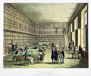 Library of the Royal Institution, Albermarle Street, London, 1808-1811. Artist: Thomas Rowlandson Library of the Royal Institution, Albermarle Street, London, 1808-1811. Artist: Thomas Rowlandson