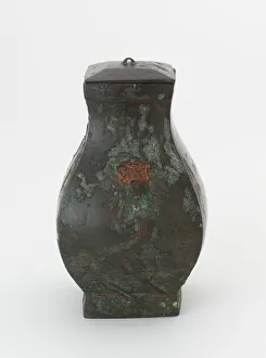 Ritual Vessel Prints: Lidded square ritual wine vessel (fanghu) with painted decoration, Han dynasty