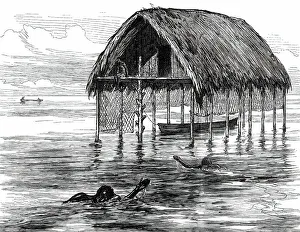 House On Stilts Prints: Lieutenant Cameron's Sketches in Central Africa: a lake dwelling on Lake Moheya