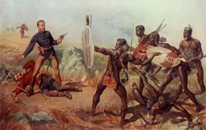 Conflict Prints: Lieutenants Melvill and Coghill (24th Regiment) Dying to Save the Queens Colours, 1900