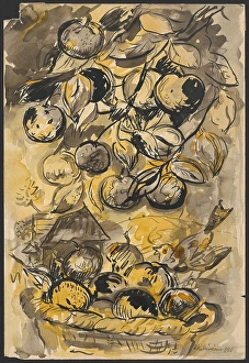 Ink On Cardboard Prints: Still life with apples, 1940. Creator: Arnold Peter Weisz-Kubincan