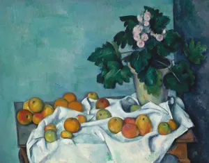 Apple Prints: Still Life with Apples and a Pot of Primroses, ca. 1890. Creator: Paul Cezanne