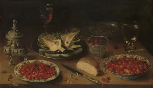 Still Life with Artichoke, Fruit in Kraak Porcelain Ware, a Salt Cellar/Pepper Castor, c.1605-c.1615 Creator: Osias Beert the Elder