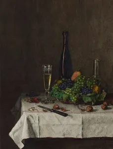 Wineglass Prints: Still Life with Basket of Grapes, 1863. Creator: Leon Bonvin