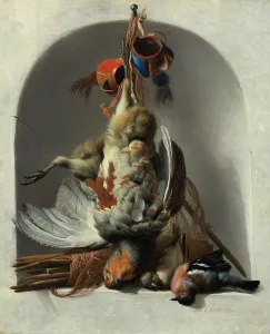 Pronkstilleven Prints: Still Life with Birds and Hunting Gear in a Niche