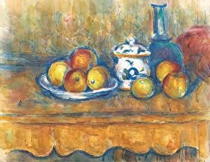 Apple Collection: Still life with blue bottle, sugar bowl and apples, 1900-1906. Creator: Paul Cezanne