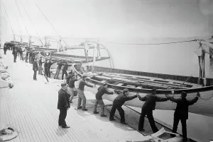 Precaution Prints: Life boat drill, Holland America Line - putting boats over the side