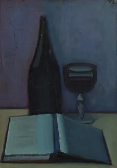 Lundstrom Vilhelm Henry Prints: Still Life with a Book, a Glass and a Bottle, 1927. Creator: Vilhelm Lundstrom