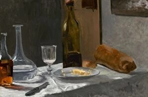 Monet Claude Gallery: Still Life with Bottle, Carafe, Bread, and Wine, c. 1862 / 1863. Creator: Claude Monet