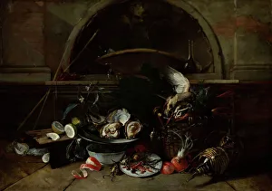 Oysters Prints: Still Life with Bottles and Oysters, c1700. Creator: Niccolino van Houbraken