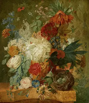 Cut Flower Prints: Still Life with Bouquet of Flowers and Bird's Nest
