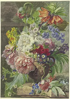 Cut Flower Prints: Still Life with Bouquet of Flowers and Bird's Nest, (1780?). Creator: Wybrand Hendriks