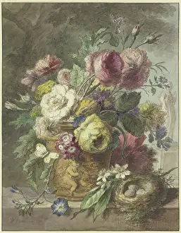 Still Life with Bouquet of Flowers and Bird's Nest before a Park Landscape, 1802. Creator: Willem van Leen