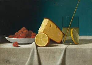 Cake Prints: Still Life with Cake, Lemon, Strawberries, and Glass, 1890. Creator: John Frederick Peto