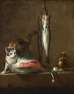 Mortar And Pestle Prints: Still Life With Cat and Fish, 1728. Creator: Jean-Simeon Chardin