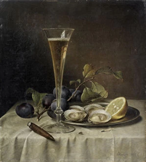 Still life with champagne and oysters, 1857. Creator: Preyer, Johann Wilhelm (1803-1889)