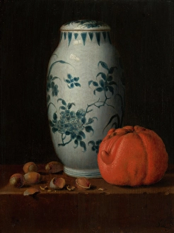 Oranges Prints: Still Life with Chinese Vase, Hazelnuts and Orange, c1630-1660. Creator: Simon Luttichuys
