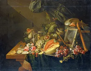 Soft Furnishing Prints: Still life with Copulating Sparrows, 1657. Creator: Cornelis de Heem