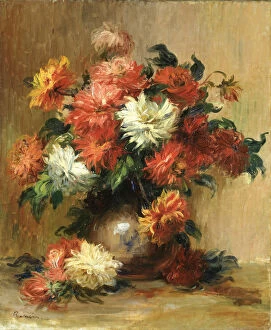 Vase Collection: Still life with dahlias, ca. 1886-1890. Artist: Renoir, Pierre Auguste (1841-1919)