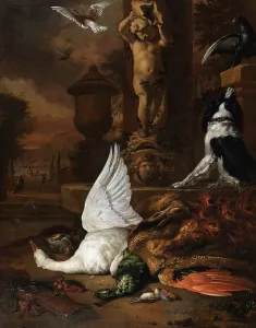 Pronkstilleven Prints: Still life with dead swan, a peacock and a dog by a garden fountain