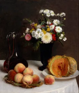Still Life with Decanter, Flowers and Fruits, 1865. Artist: Fantin-Latour Still Life with Decanter, Flowers and Fruits, 1865. Artist: Fantin-Latour