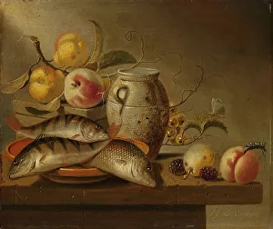 Blackberry Prints: Still Life with Earthenware Jar, Fish and Fruit, 1652. Creator: Harmen Steenwijck