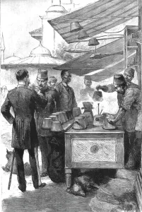 Bazaar Prints: Life in the East -- Fez blockers in the Bazaar at Stamboul, 1890. Creator: Unknown