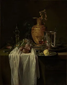 Linen Prints: Still Life with Ewer, Vessels, and Pomegranate, mid-1640s. Creator: Willem Kalf