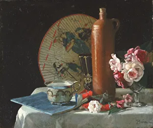 Still Life with Fan and Roses, 1874. Creator: Thomas Hovenden Still Life with Fan and Roses, 1874. Creator: Thomas Hovenden
