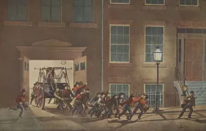 American School 19th Century Prints: The Life of a Fireman - Night Alarm, pub. 1854, Currier & Ives (Colour Lithograph)