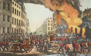American School 19th Century Prints: The Life of a Fireman - The Ruins, pub. 1854 Currier & Ives (Colour Lithograph)