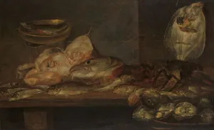 Nephropidae Prints: Still Life with Fish and a Lobster and Oysters on a Table nearby