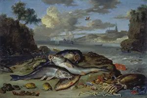 Fishes Prints: Still Life with Fish and Sea Animals in a Coastal Landscape, 1661. Creator: Jan van Kessel