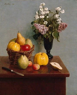 Lilac Collection: Still Life with Flowers and Fruit, 1866. Creator: Henri Fantin-Latour