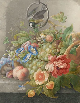 Still Life with Flowers, Fruit, a Great Tit and a Mouse, c.1700-c.1710. Creator: Herman Henstenburgh