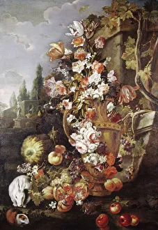 Tulipa Prints: Still Life of Flowers and Fruits in a Garden, 1700-1710. Creator: Franz Werner von Tamm