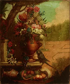 Water Fountain Prints: Still Life with Flowers and a Parrot, second half of 19th century. Creator: Unknown