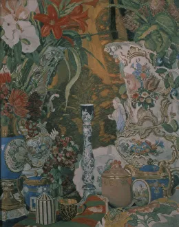 Still life. Flowers and porcelain, 1912. Artist: Golovin, Alexander Yakovlevich (1863-1930) Still life. Flowers and porcelain, 1912. Artist: Golovin, Alexander Yakovlevich (1863-1930)